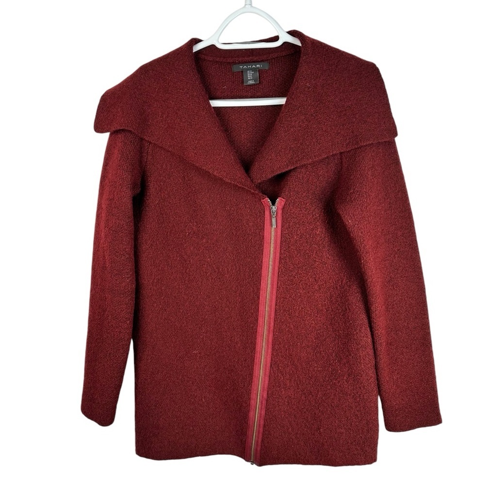 Tahari Cardigan Sweater Womens Size Med Red Wool Blend Long Sleeve Asymmetrical
